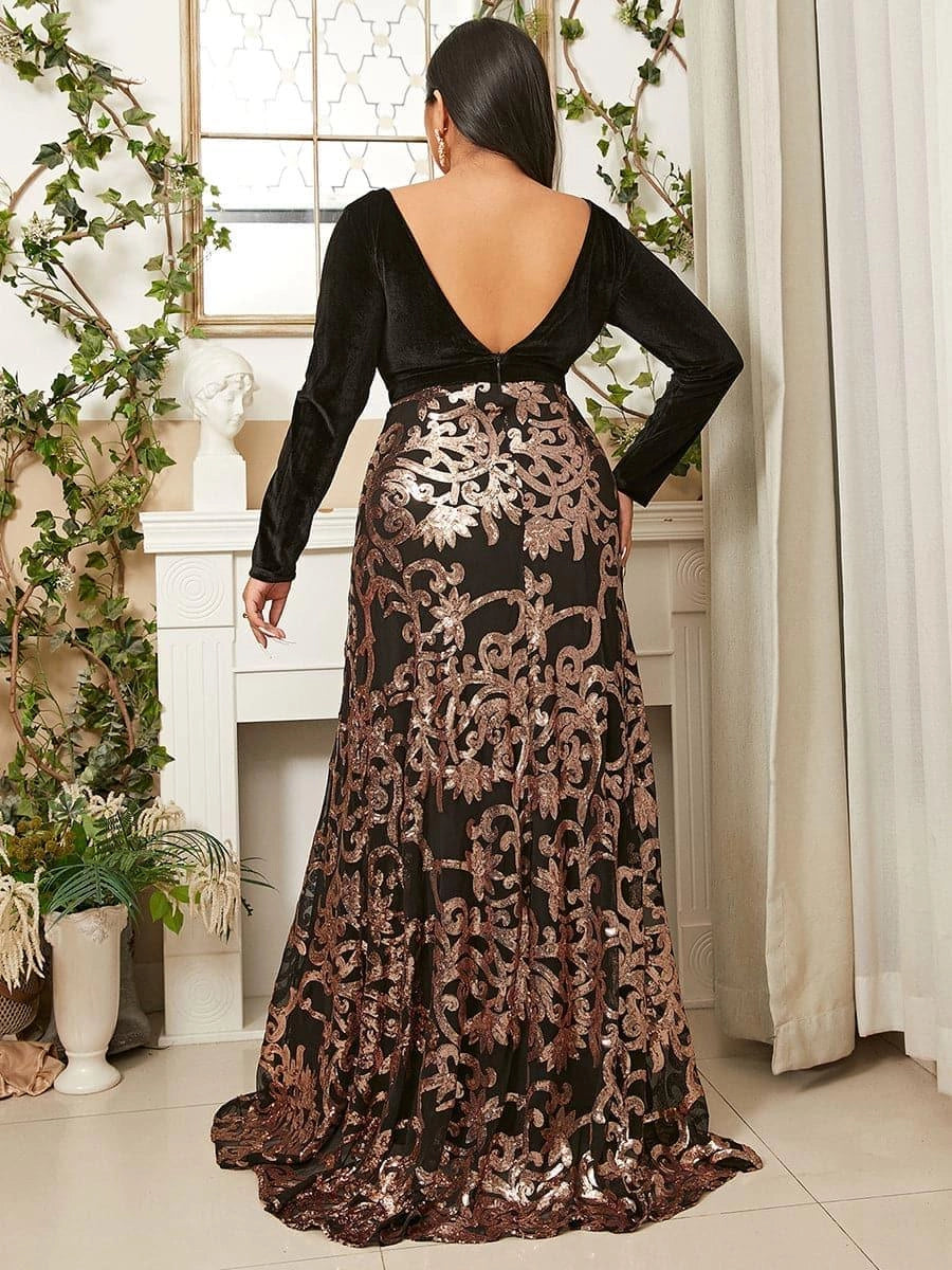 Elegant A-Line Deep V Neck Long Sleeve Backless Floor-Length Plus Size Prom Dress